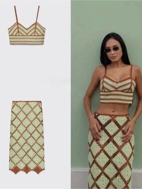 Zara Crochet Midi Skirt in Cream and Brown Diamond Pattern